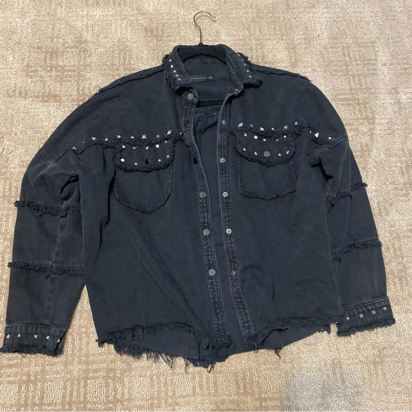 {Zara} Oversized Black Denim Silver Studded Jacket ~ Size Small - Picture 3 of 16